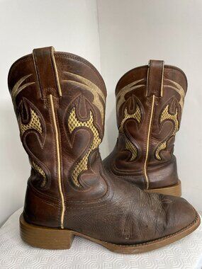 Justin Stampede Western Cowboy Work Boots Brown Leather Square Toe Men's 10 D